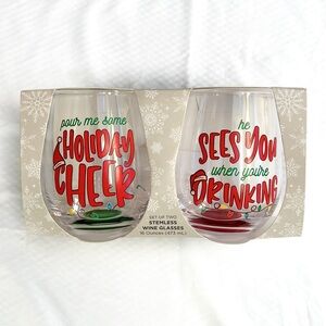 NIB✨Set of 2 Christmas Holiday Stemless Wine Glasses Drinkware Home Decor